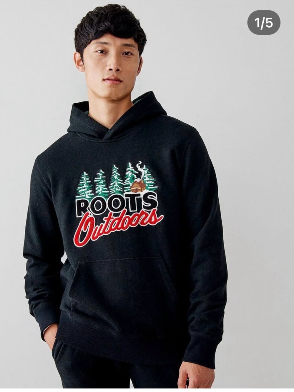 Roots Black Hoodie with Green Tree & Red Script Graphic-Size Medium